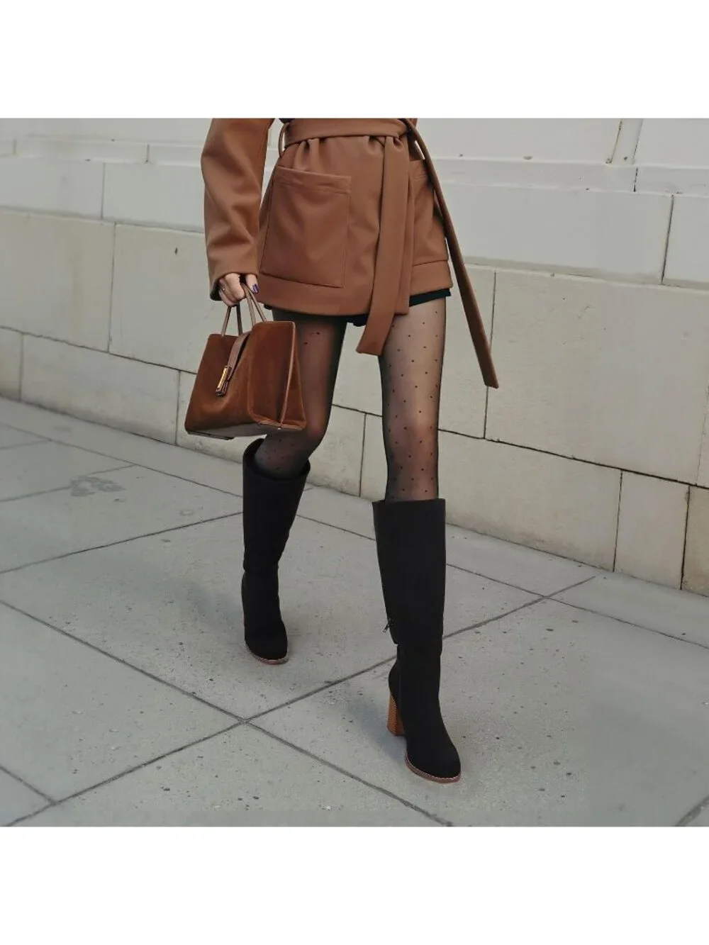 Women's Black Chunky Heeled Round Toe Faux Suede Side Zipper Knee High Boots